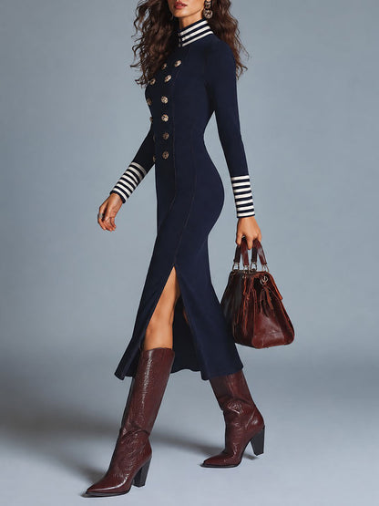 Navy Military-Inspired Gold-Tone Buttons Long Sleeve Midi Dress with Striped Trim