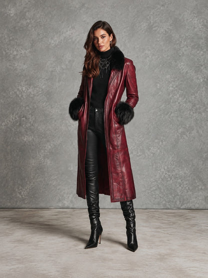 Vintage Burgundy Long Leather Coat With Black Faux Fur Trim