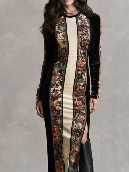 Vintage Floral Panel Velvet Long Sleeve Slit Midi Dress