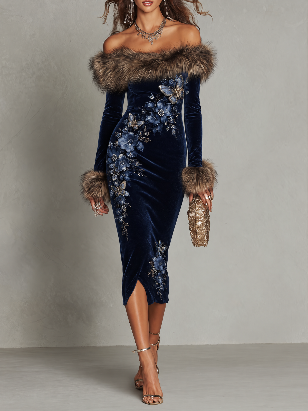 Navy Velvet-Look Off-Shoulder Midi Dress with Plush Trim and Floral Butterfly Detailing