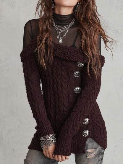 One-shoulder Asymmetric Button-placket Cable-knit Sweater