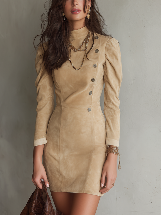 Refined Sand Beige Puff Sleeve Button Mini Dress