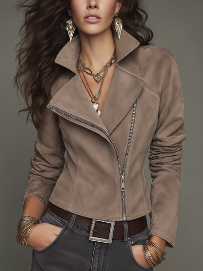 Vintage Taupe Asymmetric Zip Moto Jacket
