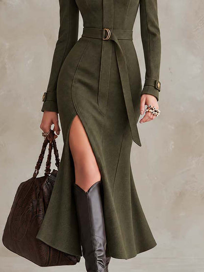Military-Inspired Suede Olive Green High-Neck Belted Midi Dress