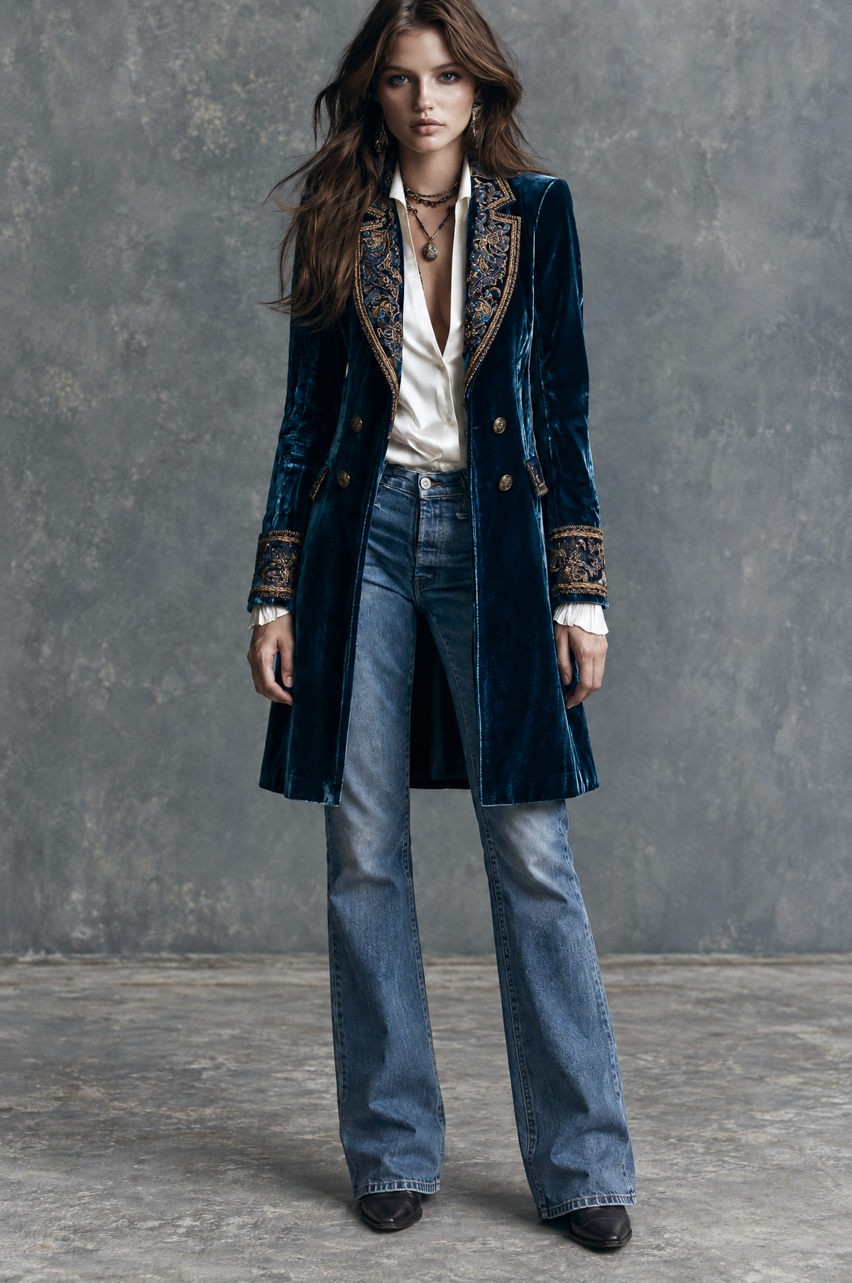 Vintage Deep Blue Velvet Gold-Tone Embroidered Midi Blazer