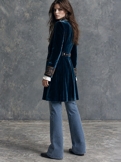 Vintage Deep Blue Velvet Gold-Tone Embroidered Midi Blazer