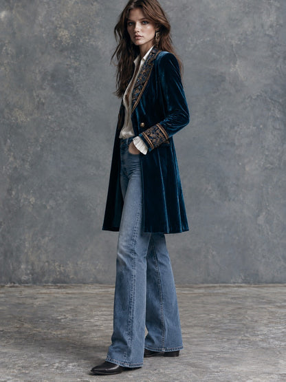 Vintage Deep Blue Velvet Gold-Tone Embroidered Midi Blazer