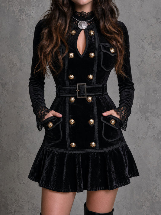 Retro Black Velvet Double-breasted Belted Mini Dress With Lace Trim