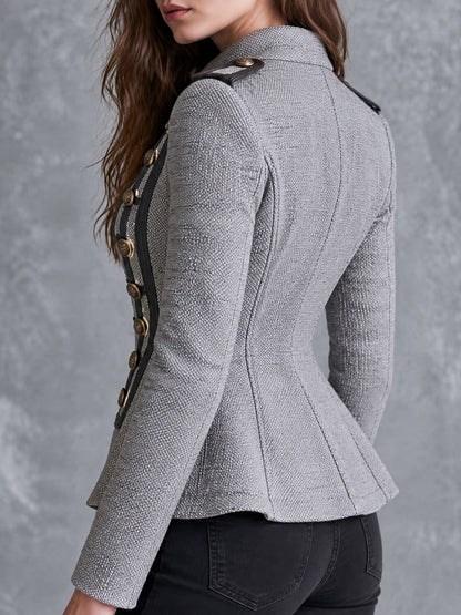 Vintage Contrast Trim And Ornate Buttons Grey Zip-Front Jacket