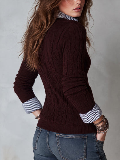 Women's Faux-layered Burgundy Cable-Knit V-Neck Sweater