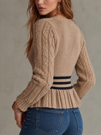 Vintage Striped Waist Knit Cardigan – Long Sleeve Button-Up Ribbed Peplum Sweater Top