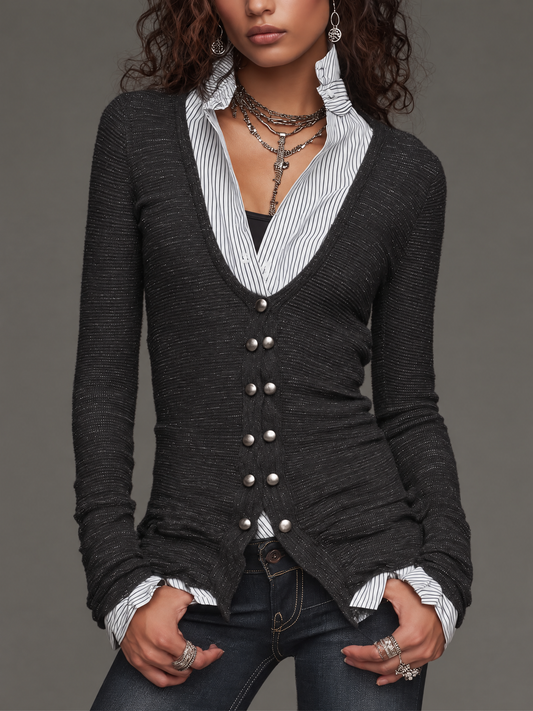 Women's Deep V-neck Metallic Knit Shirt Collar And Cuffs Cardigan