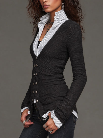 Women's Deep V-neck Metallic Knit Shirt Collar And Cuffs Cardigan