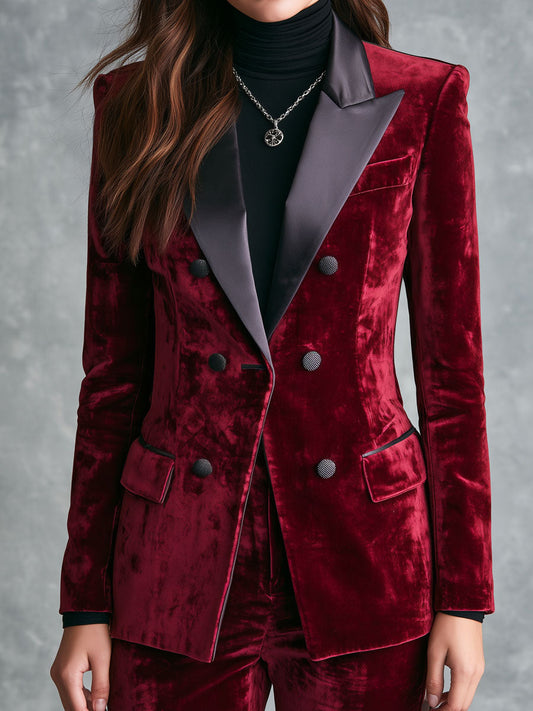 Retro Burgundy Velvet Double-Breasted Blazer With Satin Peak Lapels