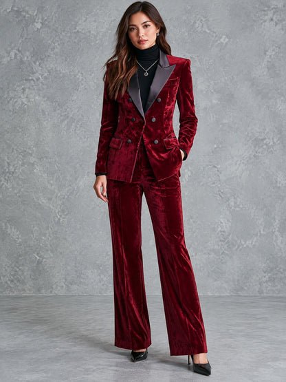 Retro Burgundy Velvet Double-Breasted Blazer With Satin Peak Lapels