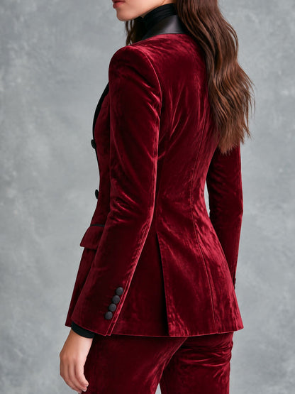 Retro Burgundy Velvet Double-Breasted Blazer With Satin Peak Lapels