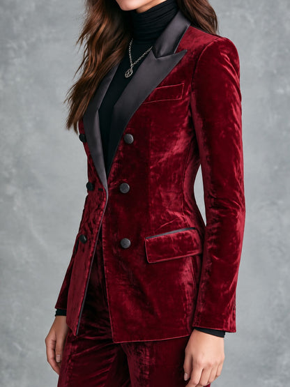 Retro Burgundy Velvet Double-Breasted Blazer With Satin Peak Lapels