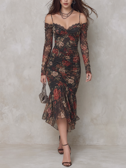 Vintage Rose Print Mesh Off-Shoulder Ruched Mermaid Midi Dress