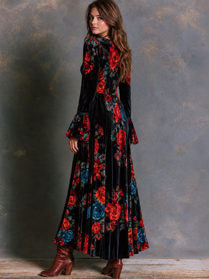 Vintage Black Velvet Rose Print Maxi Dress With Lace Trim And Flared Ruffle