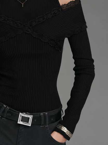 Romantic Black Lace Trim Cold-Shoulder Ribbed Knit Top