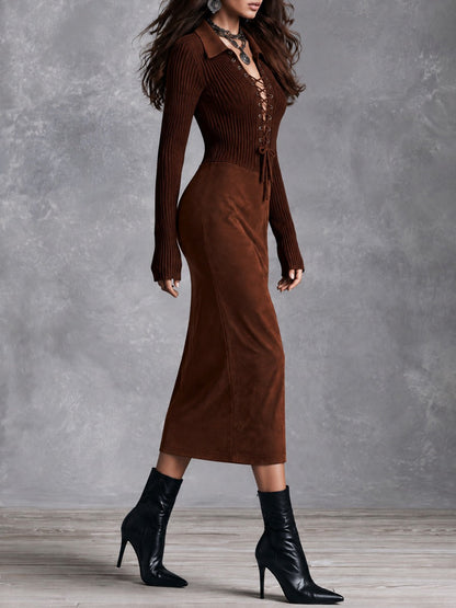 Retro Elegant Brown Ribbed Knit Lace-Up Midi Dress With Microsuede Skirt
