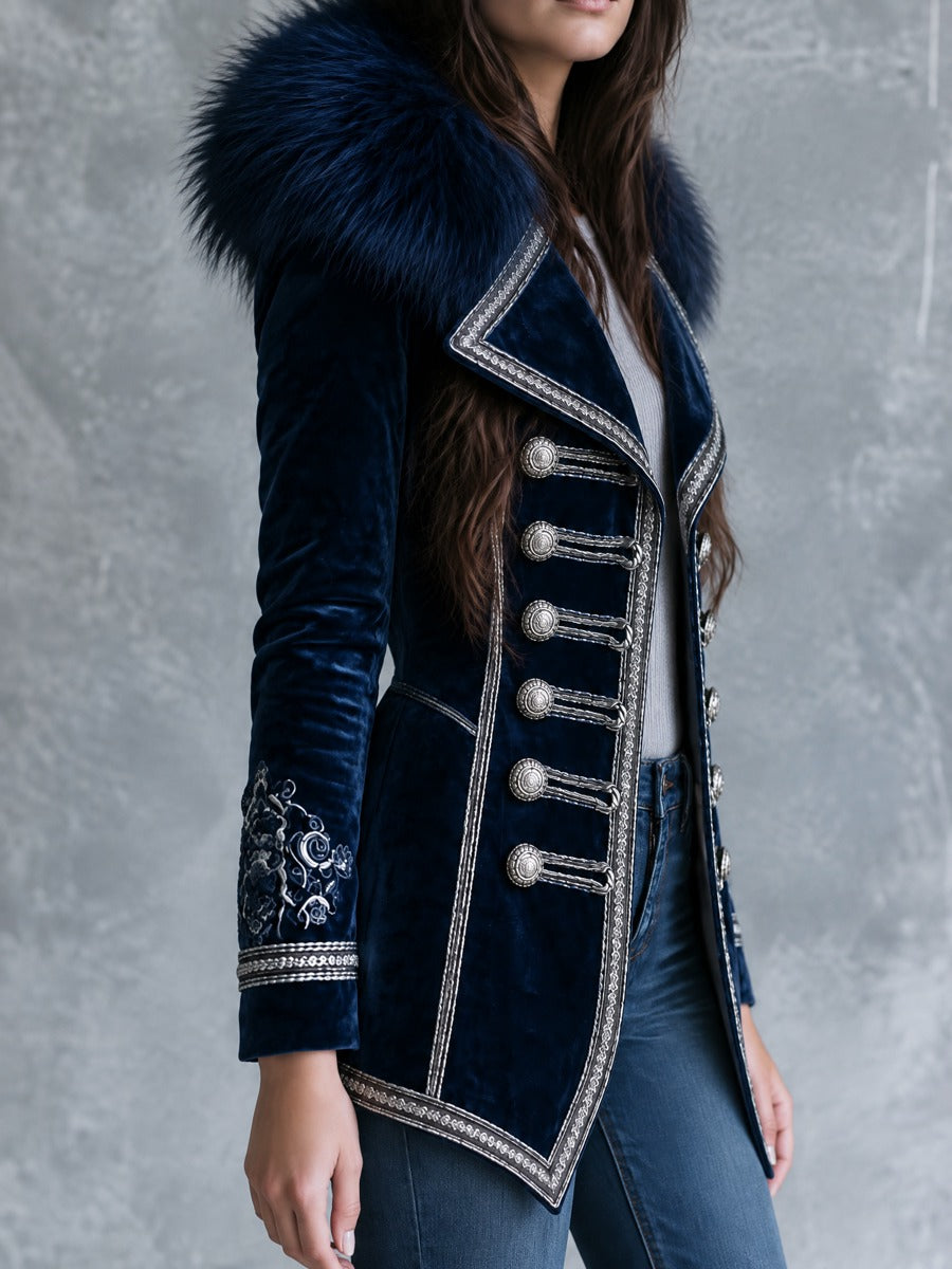 Vintage Faux Fur Collar Navy Velvet Embroidered Cuffs Jacket With Silver Braided Trim