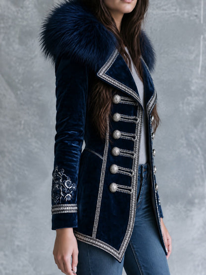 Vintage Faux Fur Collar Navy Velvet Embroidered Cuffs Jacket With Silver Braided Trim