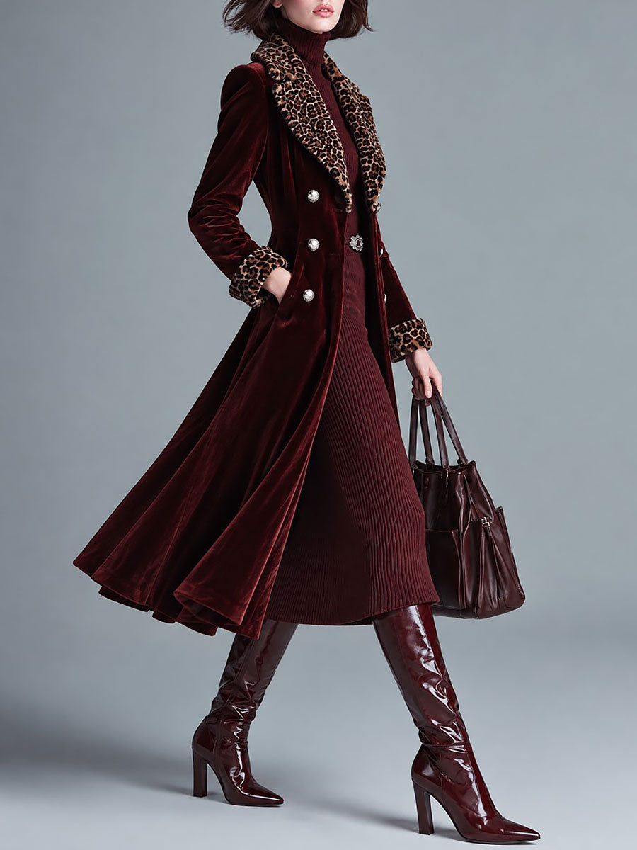 Quiet Luxury Velvet Long Coat With Leopard Faux Fur Collar