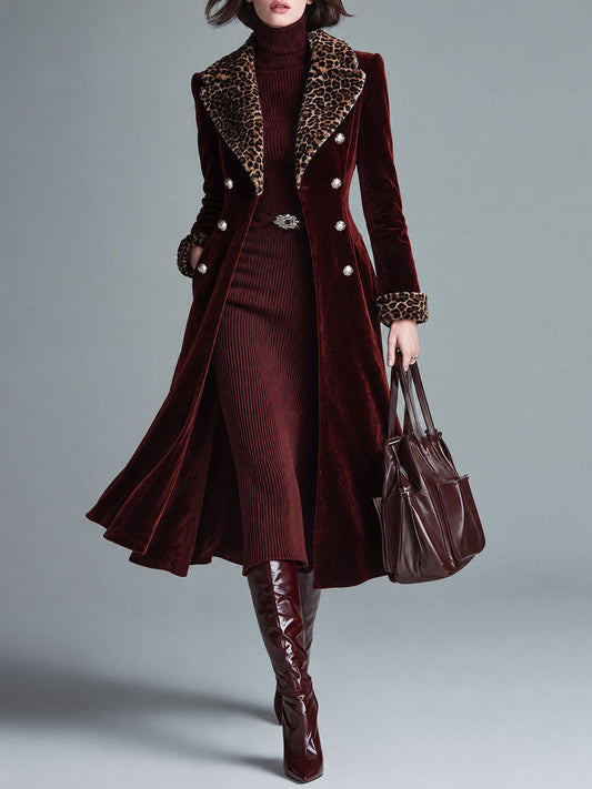 Quiet Luxury Velvet Long Coat With Leopard Faux Fur Collar