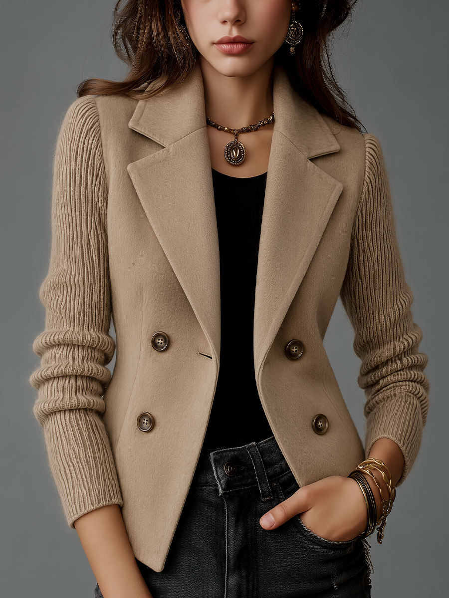 Classic Beige Knit Sleeve Double-Breasted Tailored Jacket