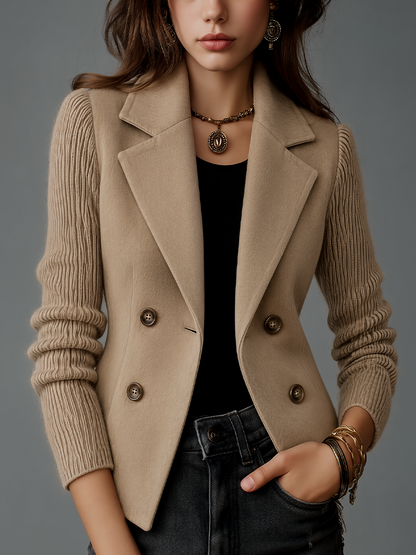 Classic Beige Knit Sleeve Double-Breasted Tailored Jacket