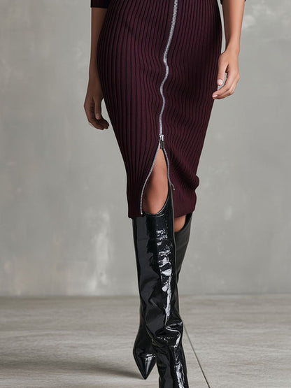 Burgundy Collared Ribbed Knit Zip-Front Bodycon Midi Sweater Dress