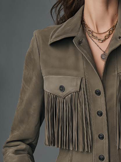 Western Taupe Suede Fringe Button-Up Jacket