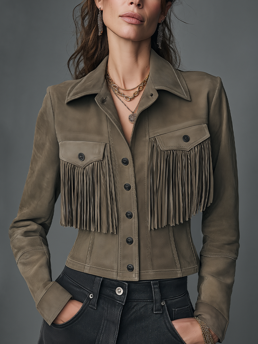 Western Taupe Suede Fringe Button-Up Jacket
