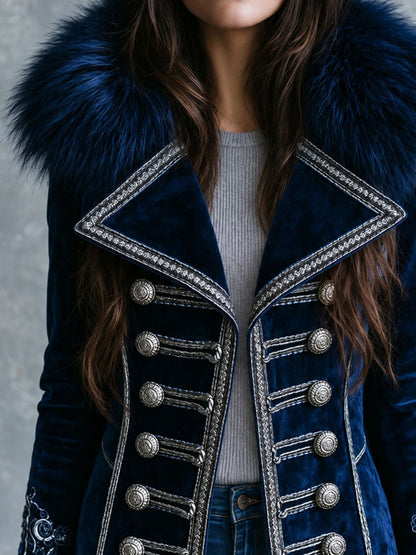 Vintage Faux Fur Collar Navy Velvet Embroidered Cuffs Jacket With Silver Braided Trim