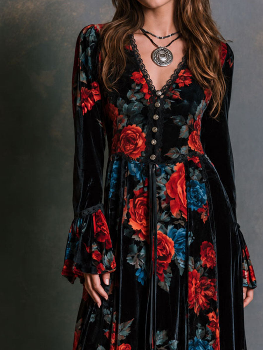 Vintage Black Velvet Rose Print Maxi Dress With Lace Trim And Flared Ruffle
