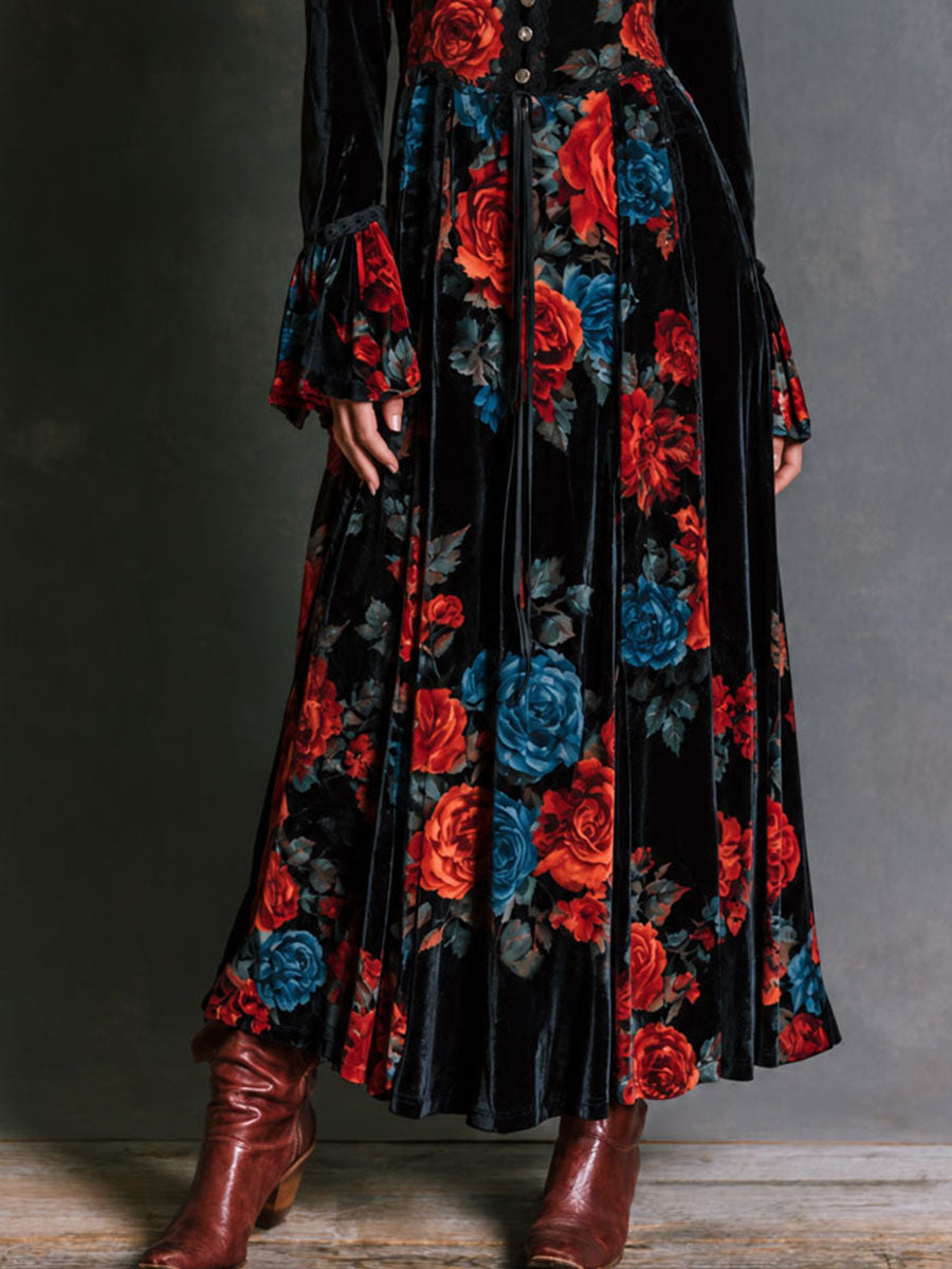 Vintage Black Velvet Rose Print Maxi Dress With Lace Trim And Flared Ruffle