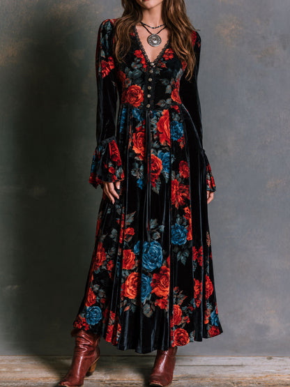 Vintage Black Velvet Rose Print Maxi Dress With Lace Trim And Flared Ruffle