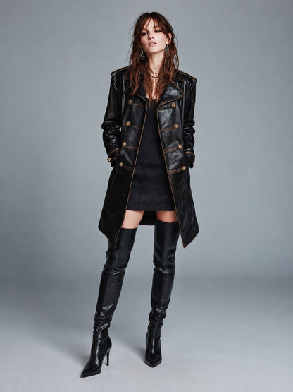Women's Black Faux Leather Military Midi Coat with Gold Double-Breasted
