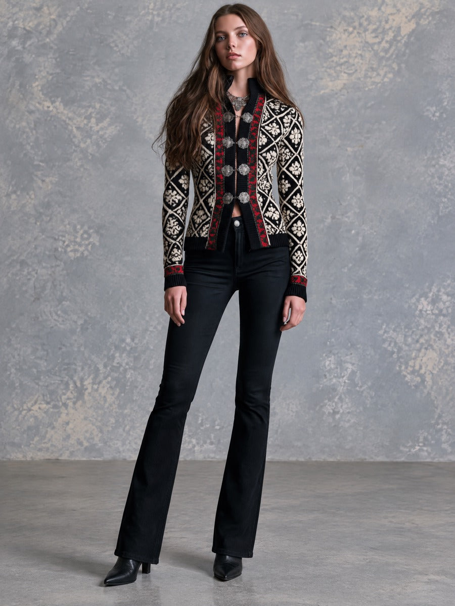 Retro Black Geometric Floral Jacquard Knit Cardigan With Silver Clasp Closures