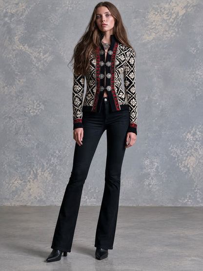 Retro Black Geometric Floral Jacquard Knit Cardigan With Silver Clasp Closures