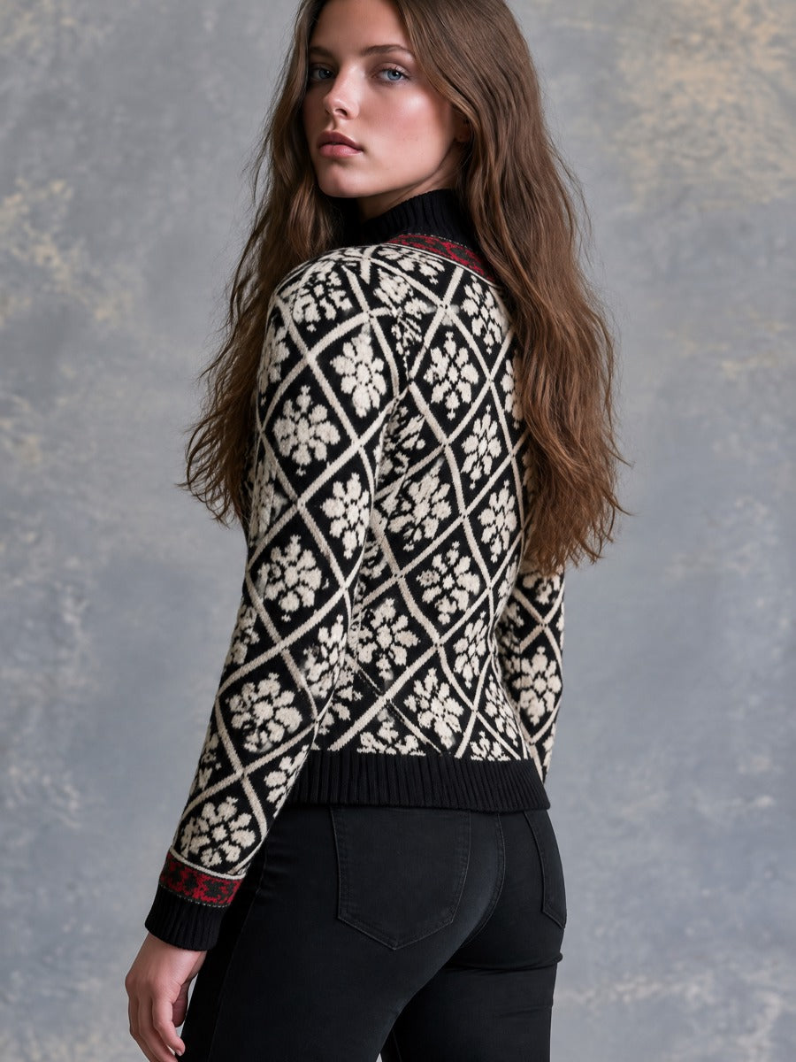 Retro Black Geometric Floral Jacquard Knit Cardigan With Silver Clasp Closures