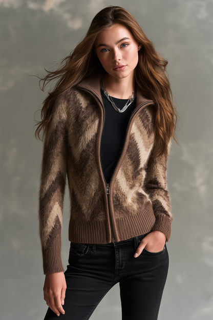 Retro Fuzzy Chevron Knit Zip-Up Cardigan Sweater With Stand Collar