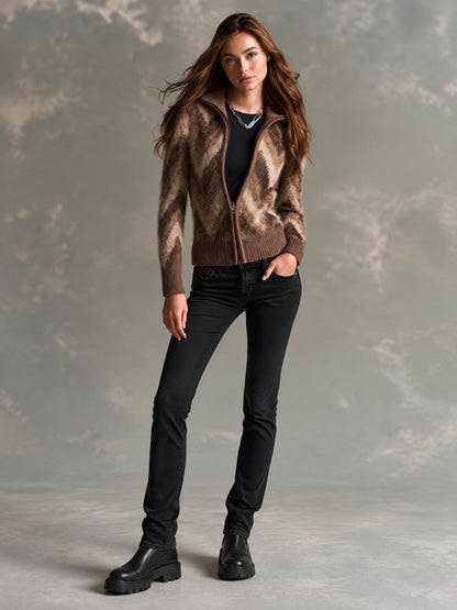 Retro Fuzzy Chevron Knit Zip-Up Cardigan Sweater With Stand Collar