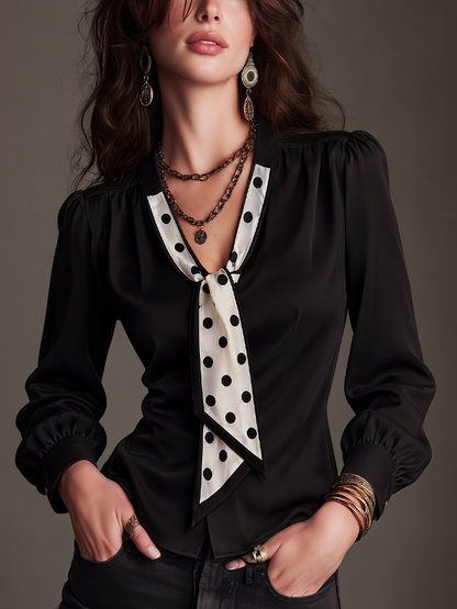 Vintage Black Polka Dot Tie-Neck Long Sleeve Blouse