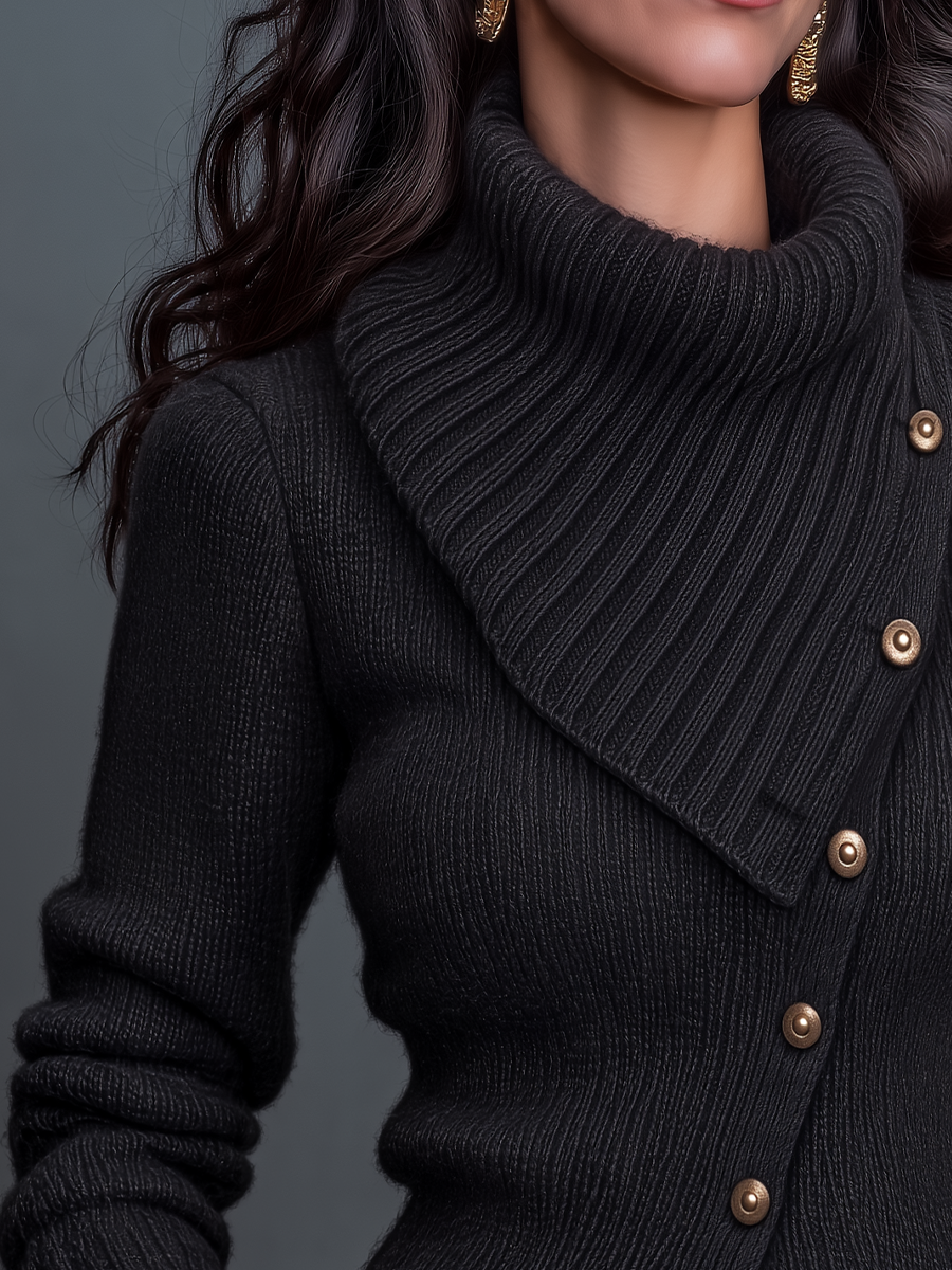 Elegant Charcoal Gray Asymmetric Button Cowl Neck Knit Sweater