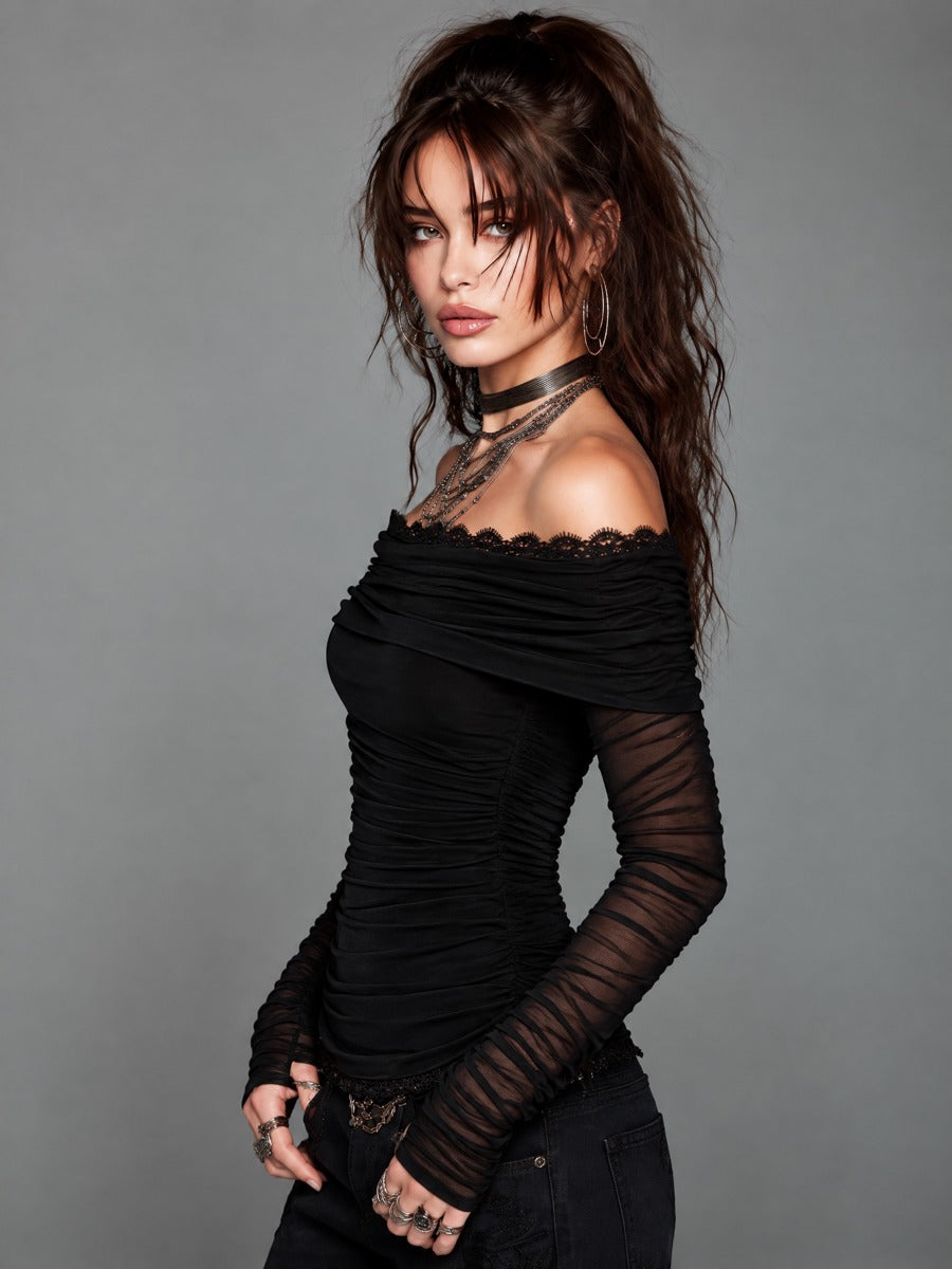 Black Off-Shoulder Lace Trim Ruched Top with Sheer Mesh Long Sleeves