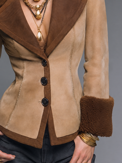 Vintage Camel Brown Contrast Faux Fur Trim Suede Jacket