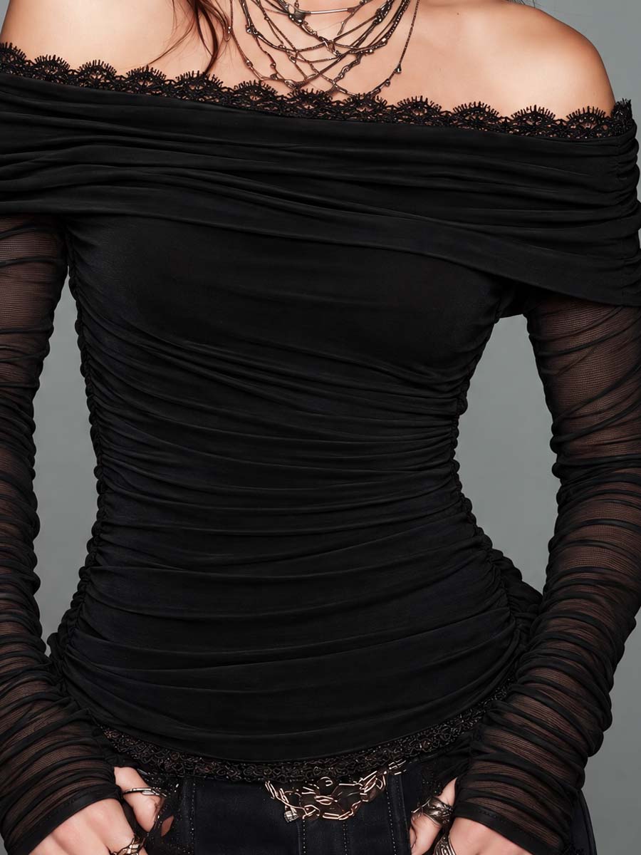 Black Off-Shoulder Lace Trim Ruched Top with Sheer Mesh Long Sleeves