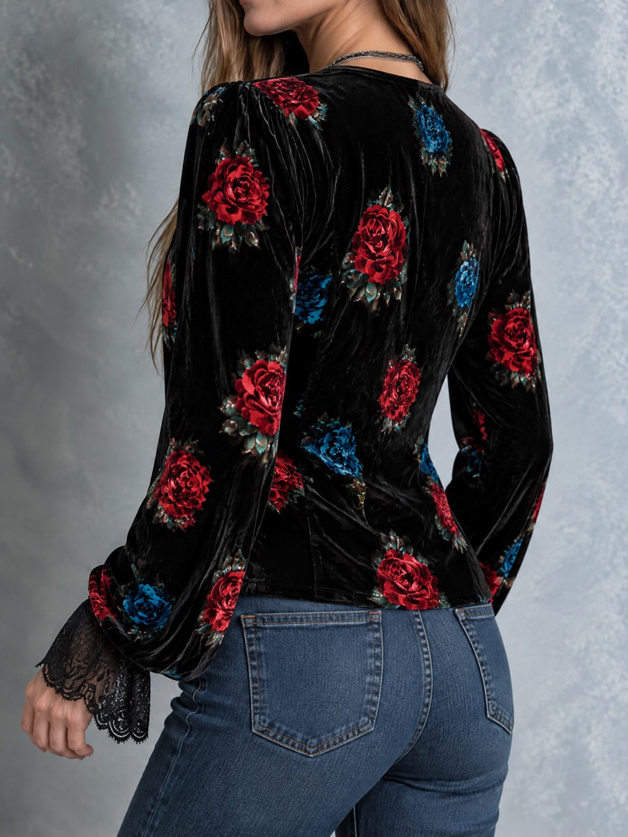 Retro Black Velvet Rose Print Blouse With Lace Panels